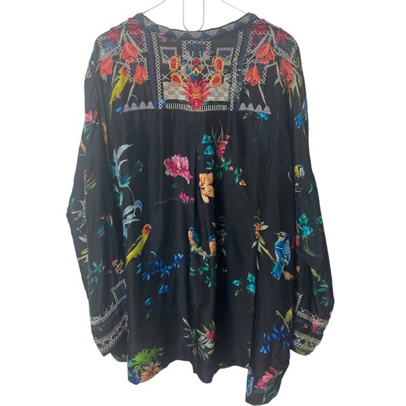 Johnny Was Biya Veda Bird Botanical Silk Blouse 3X Black Embroidered Repaired - Picture 2 of 11
